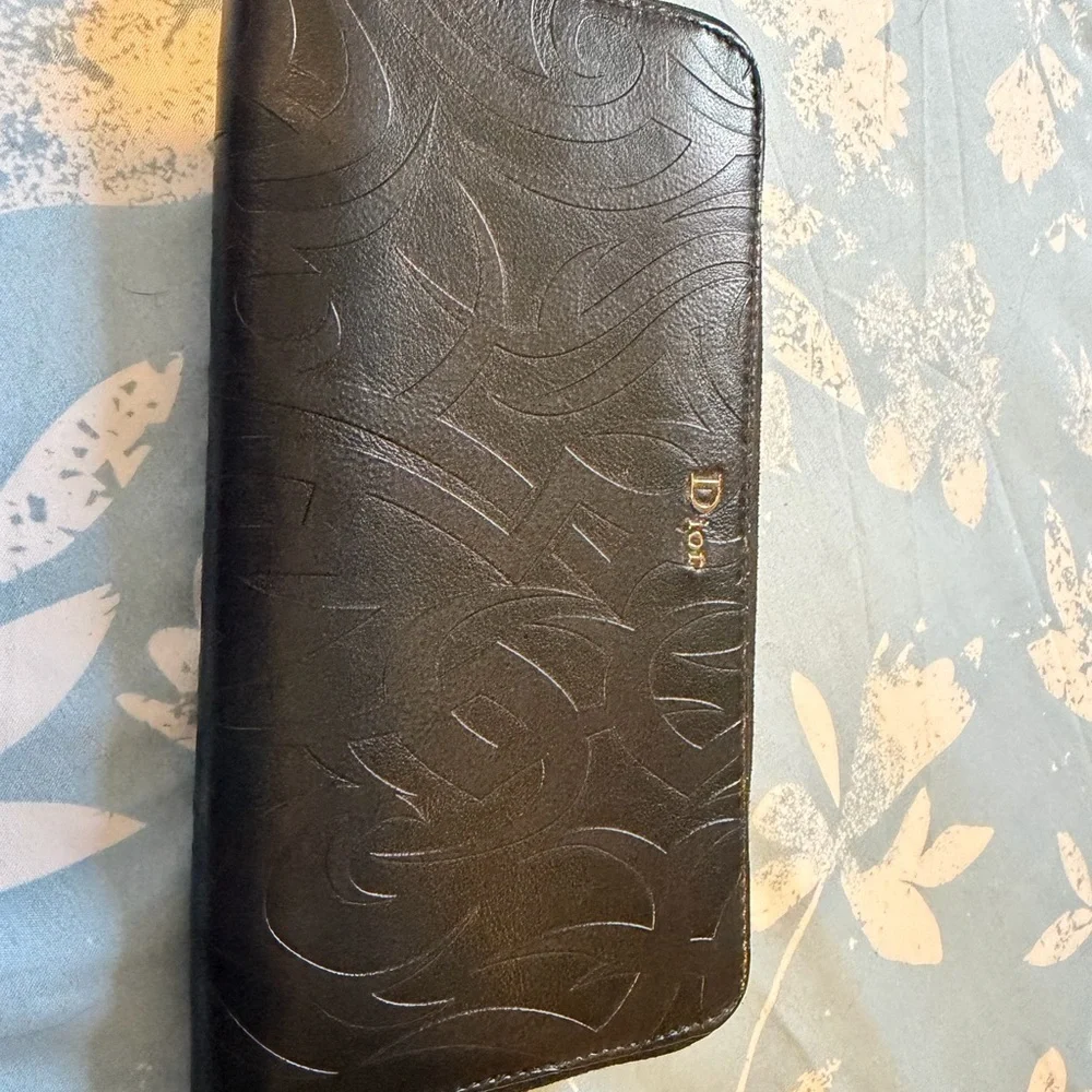Dior Black Embossed Leather Zip-Around Wallet with Gold Logo